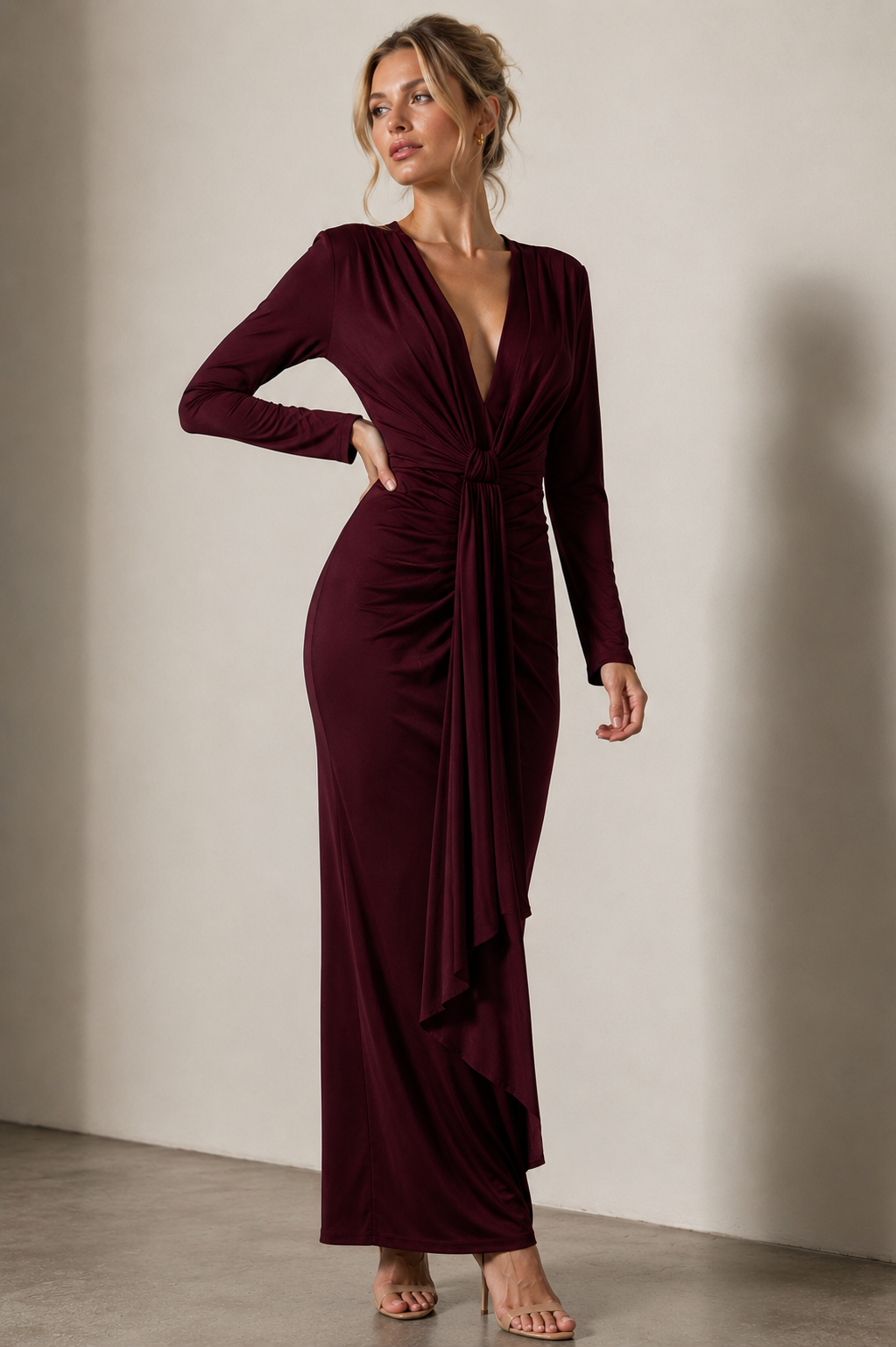 Elegant Burgundy Ruched Maxi Dress Size S