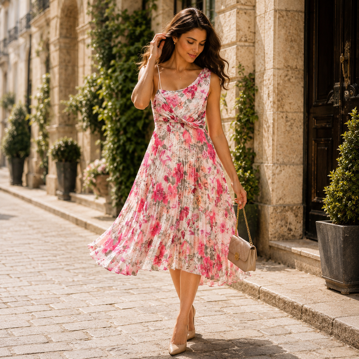 One-Shoulder Floral Pleated Maxi Dress