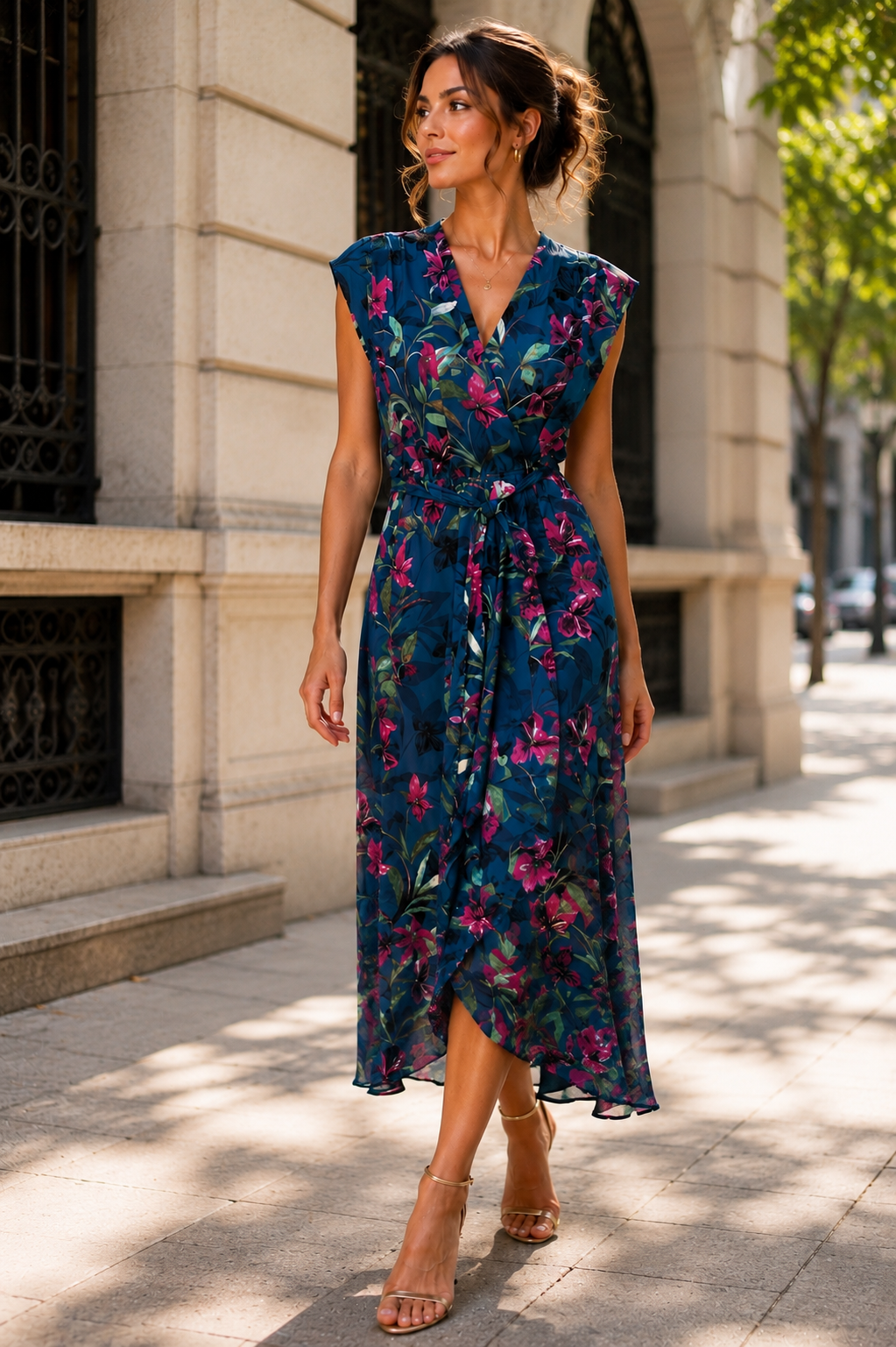 Elegant Floral Wrap Midi Dress M