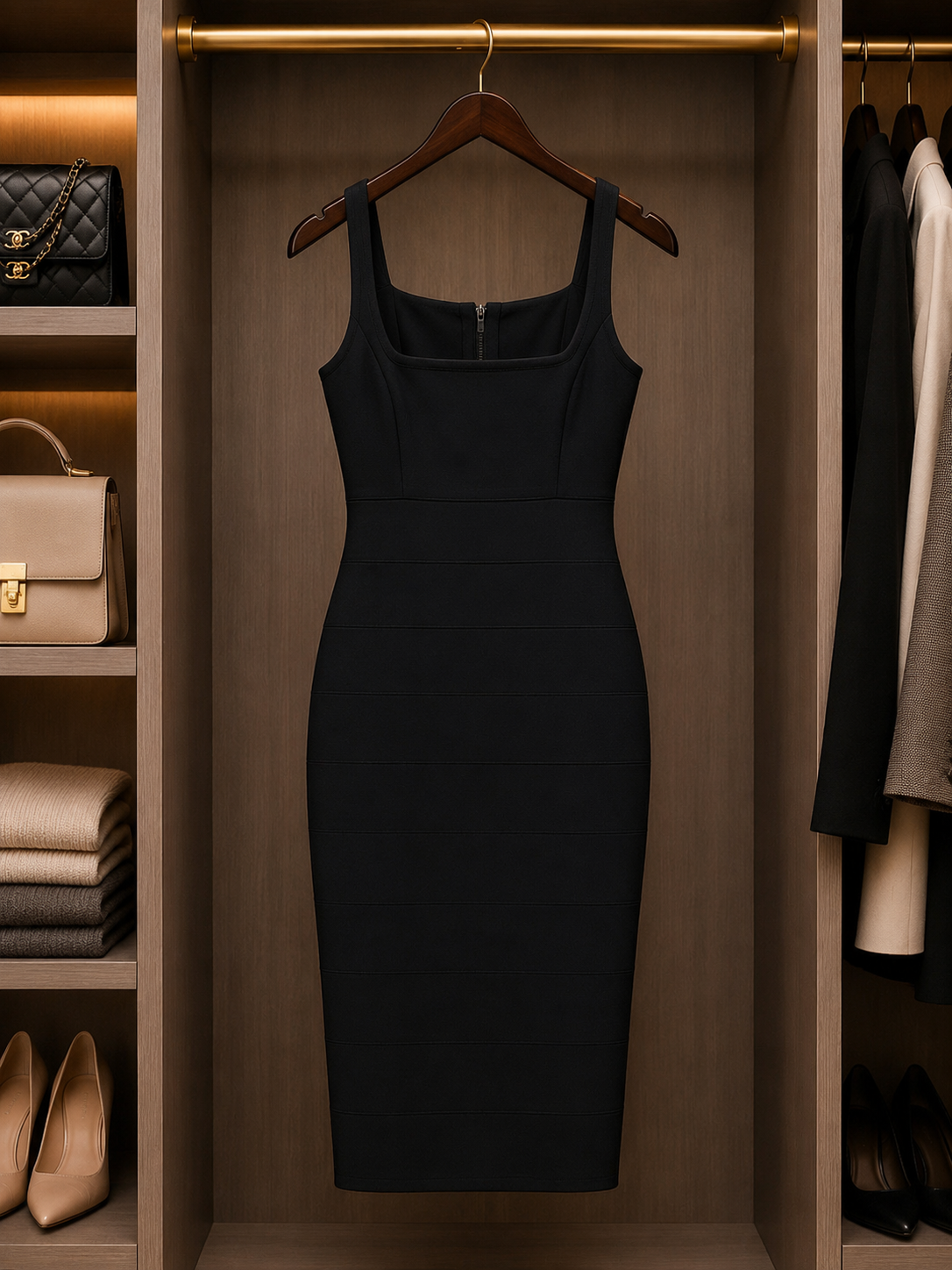Elegant Black Bodycon Midi Dress Size XL