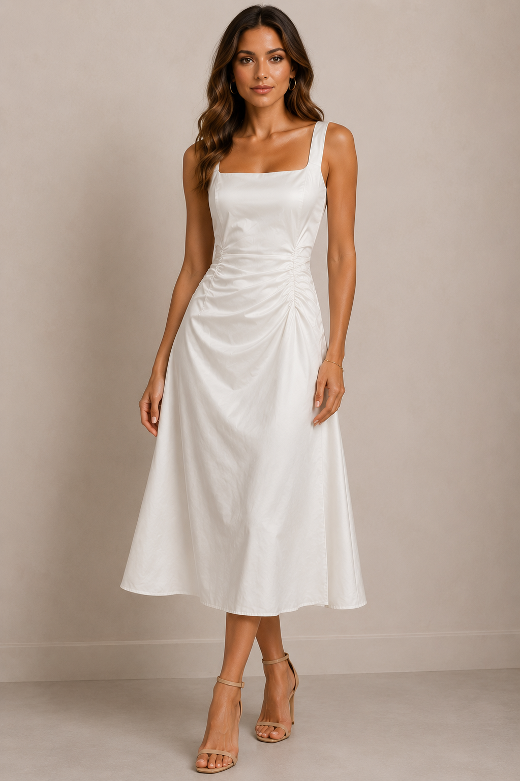 Elegant White A-Line Midi Dress Size M