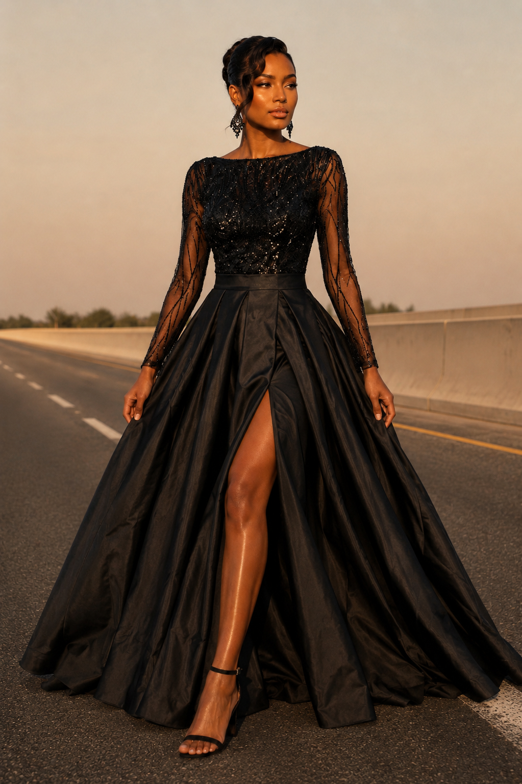 Elegant Black Ball Gown with Beaded Bodice Size M