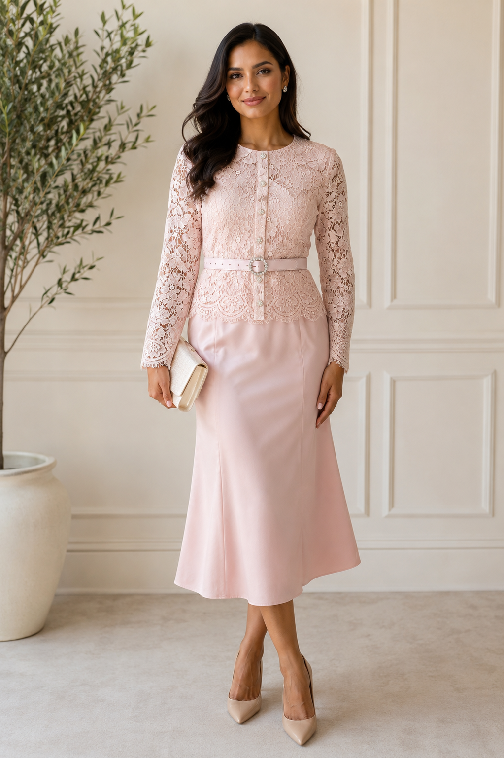 Elegant Blush Lace Midi Dress Size M