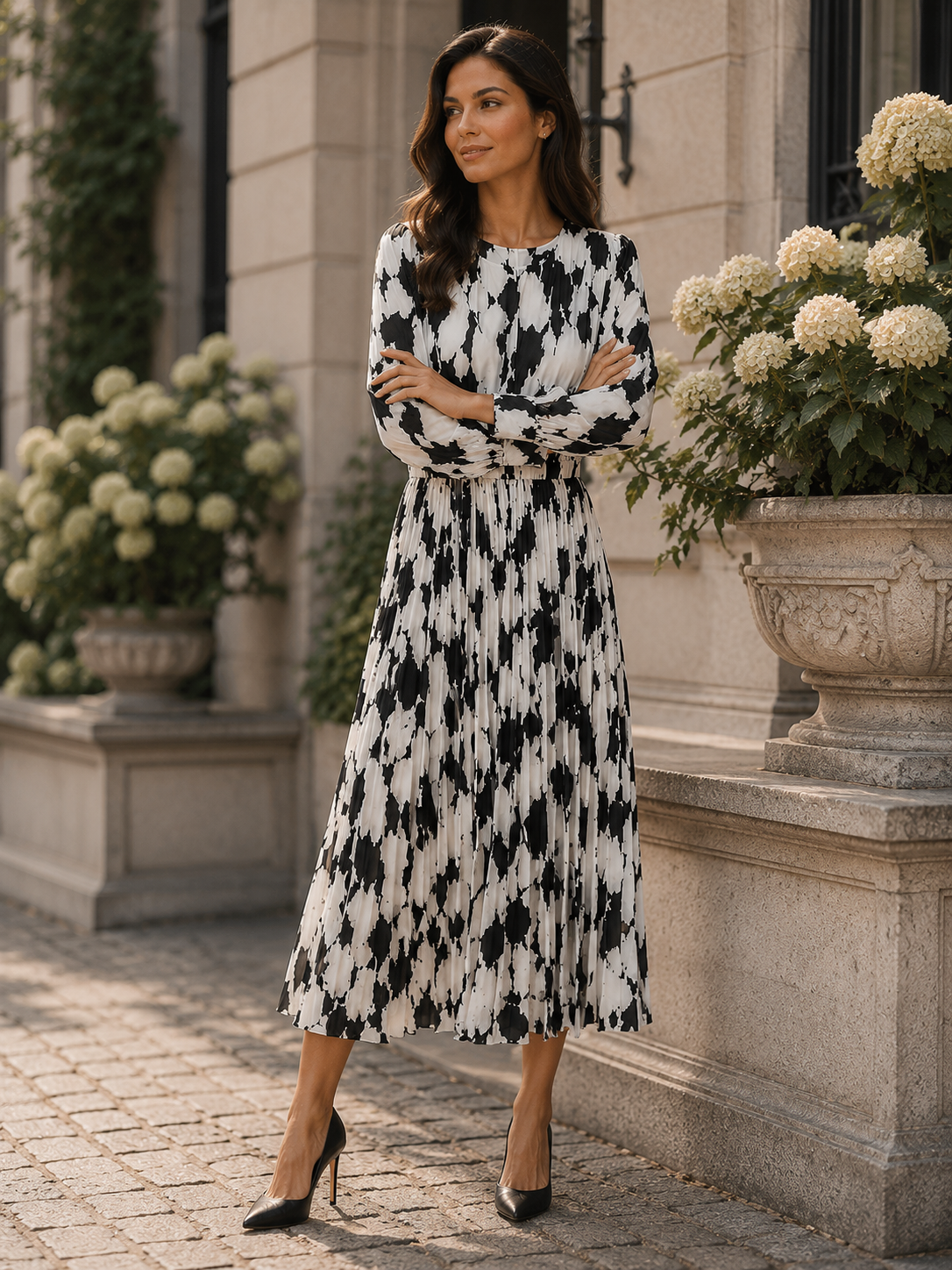 Black &amp; white pleated dress