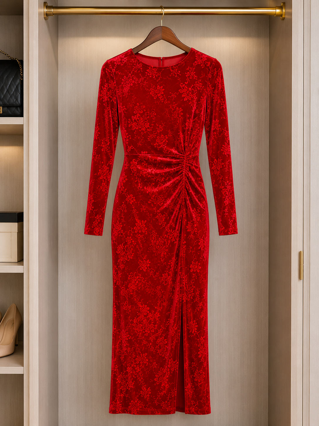 Elegant Red Velvet Maxi Dress Size XS
