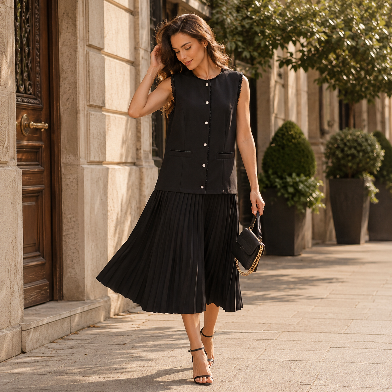 Black Pleated Midi Dress