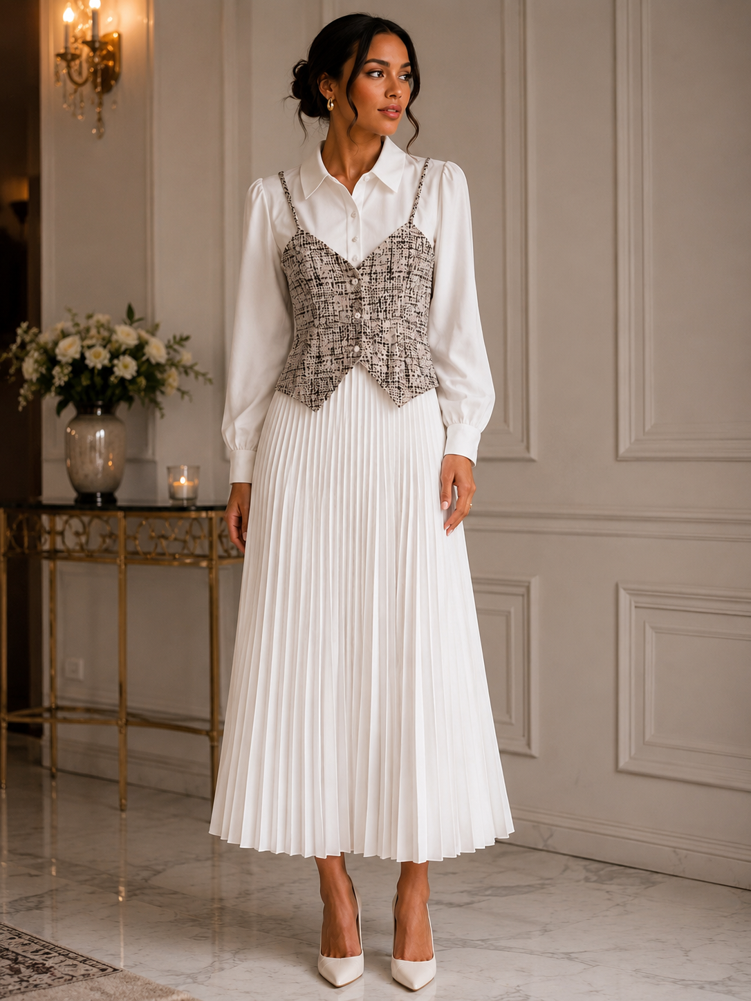 Elegant Two-Piece Look Pleated Midi Dress Size L