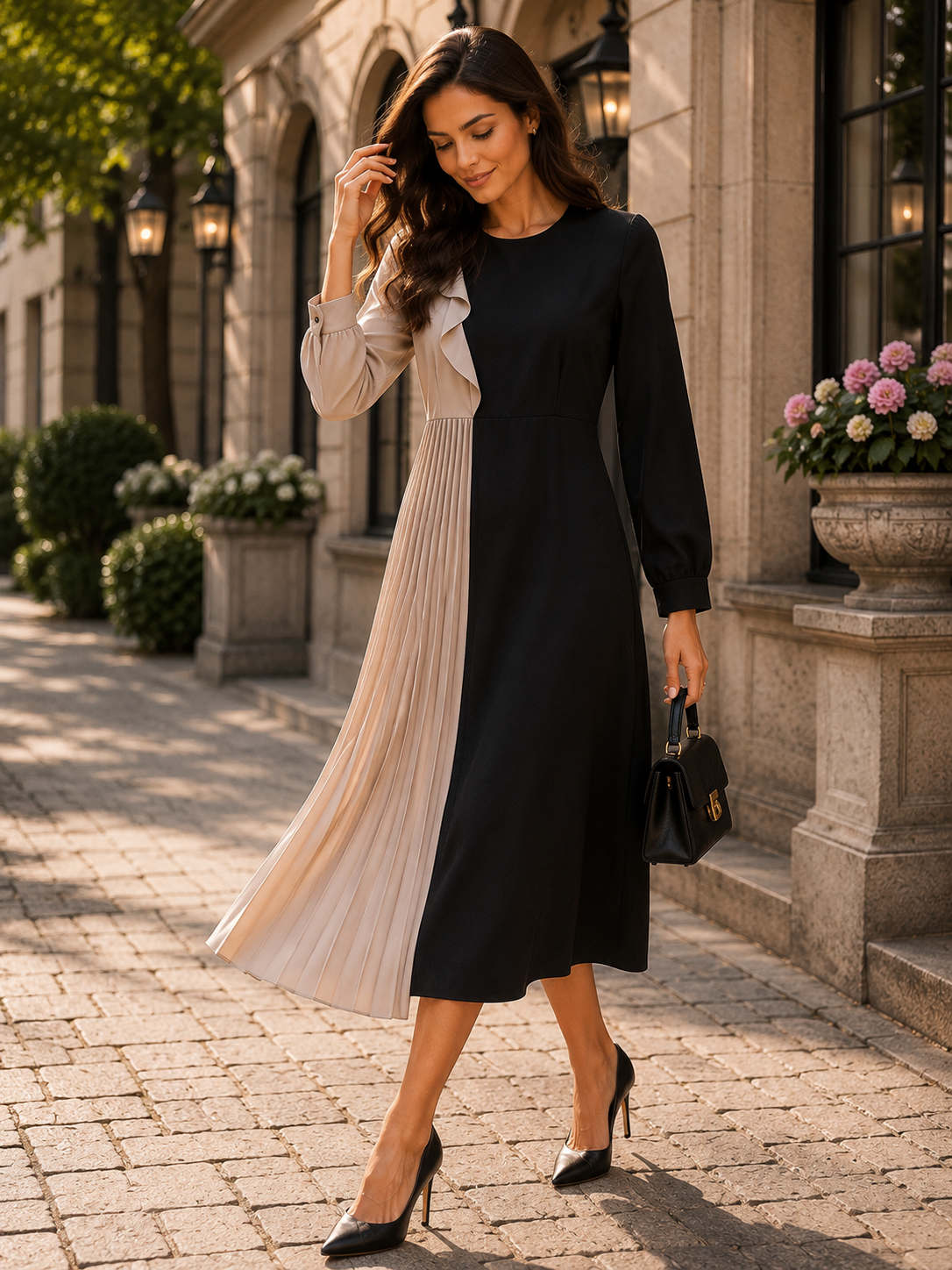 Black &amp; beige pleated midi dress