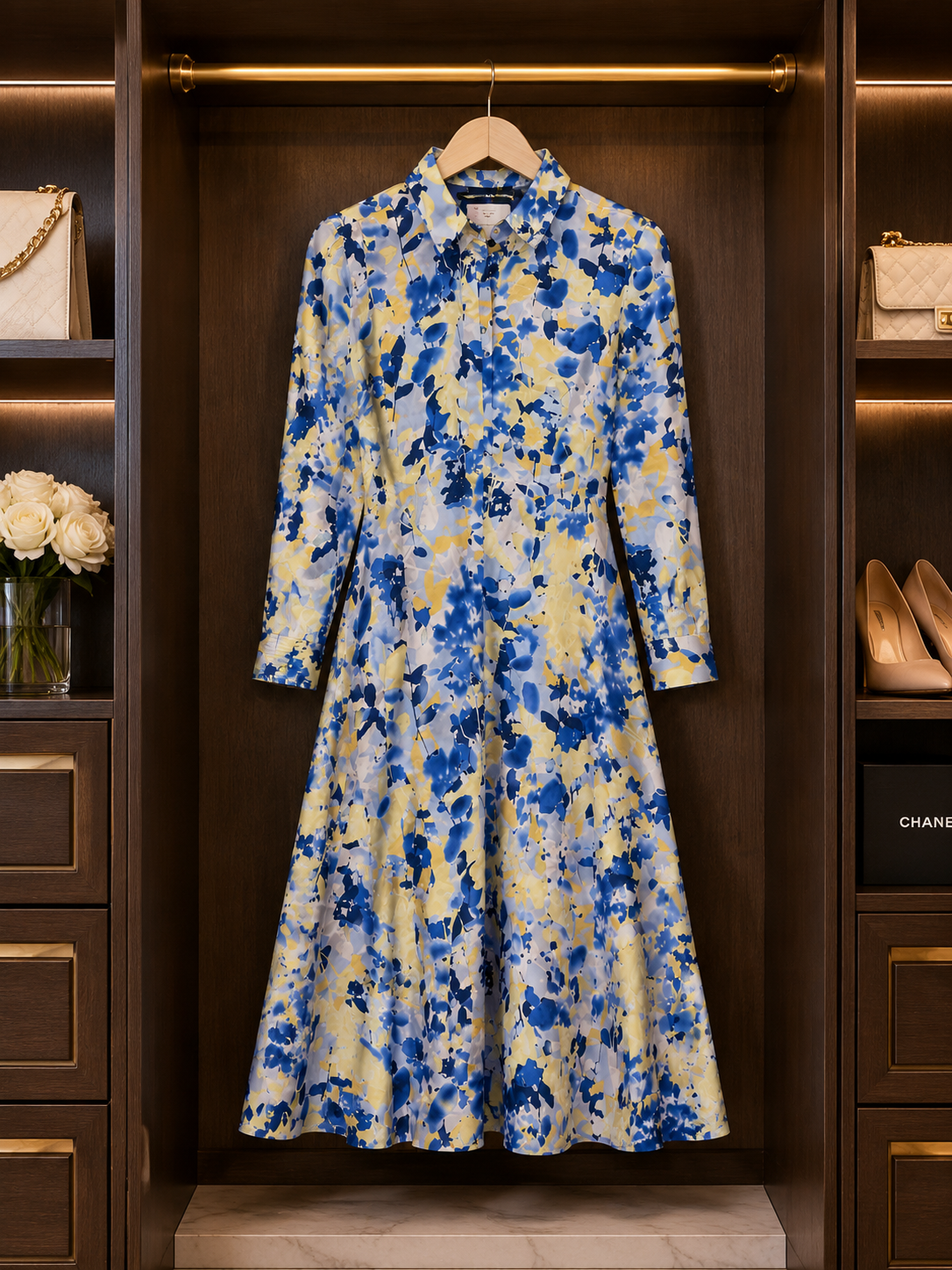 Blue Floral Shirt Midi Dress – Elegant & Effortless Size 14