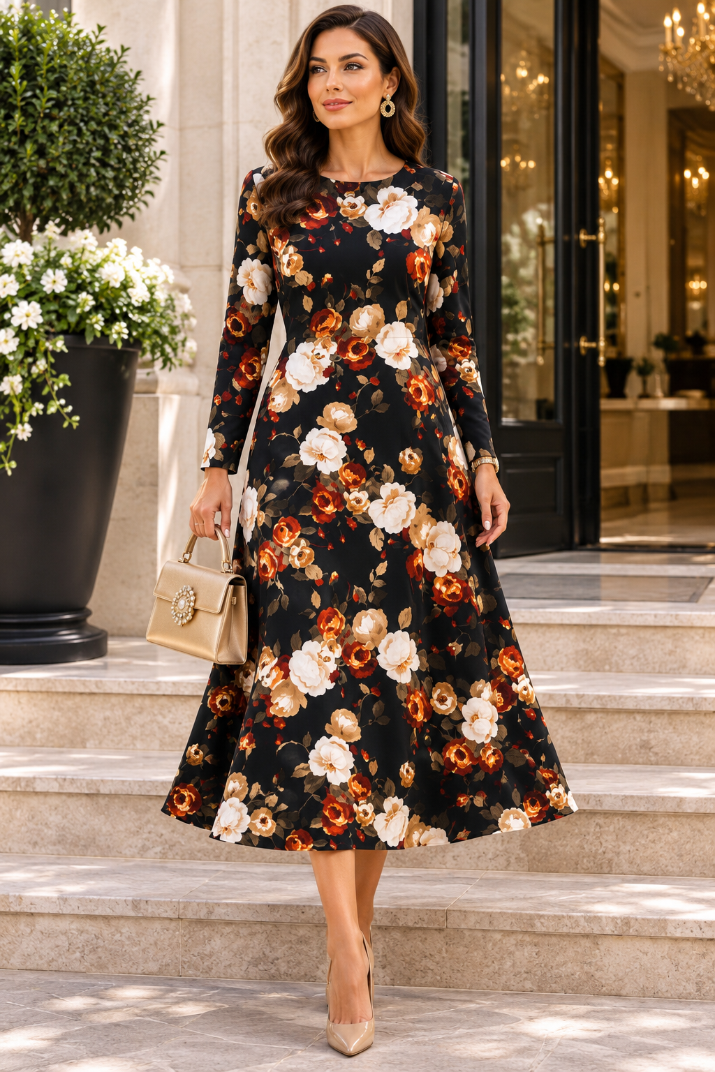 Elegant Black Floral Midi Dress Size M