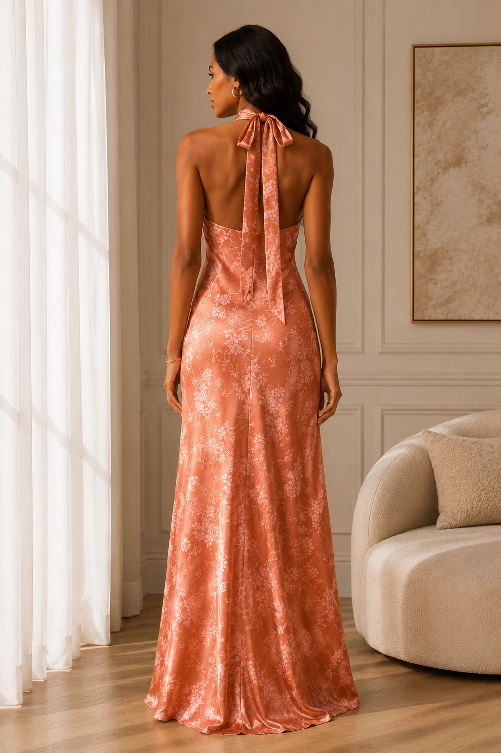 Elegant Floral Halter Maxi Dress Size S