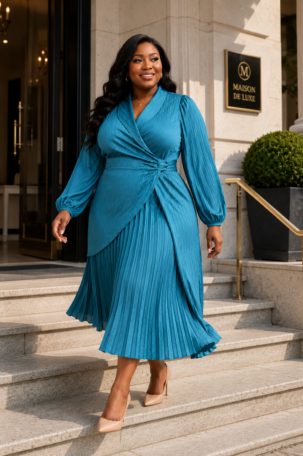 Elegant Teal Pleated Wrap Dress Size XL