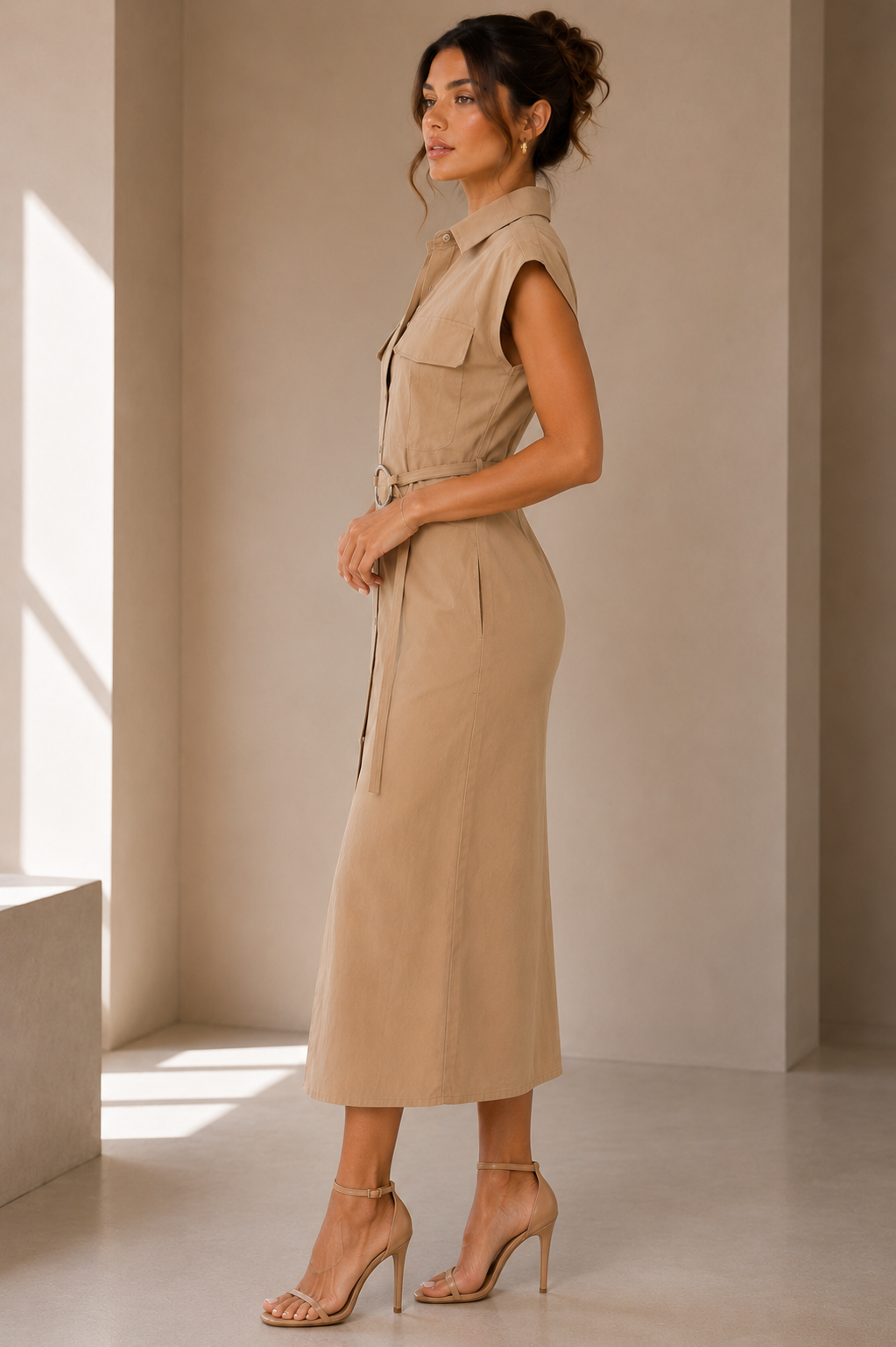 Classic Beige Shirt Midi Dress Size S