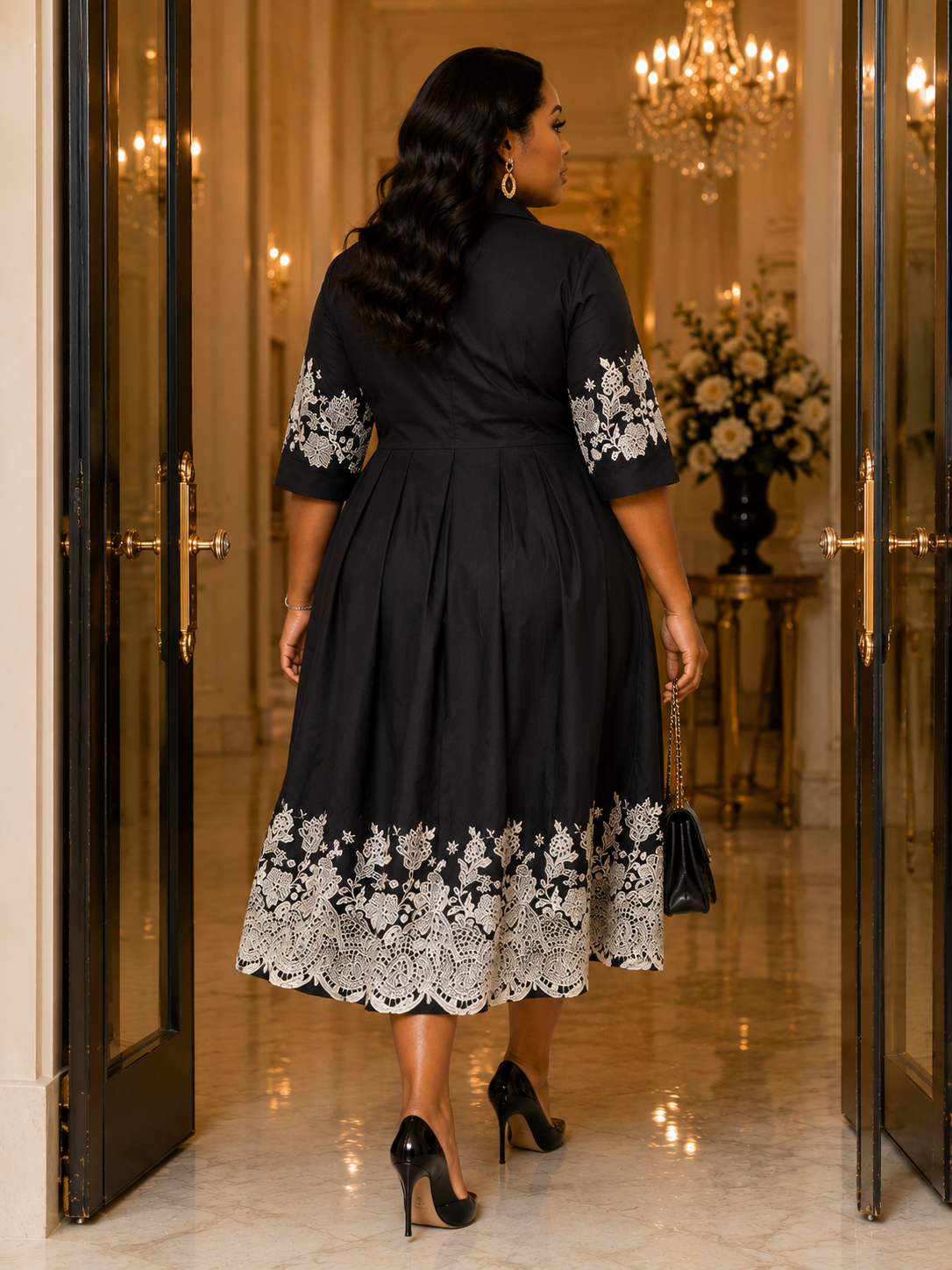 Elegant Black Embroidered Midi Dress – size S