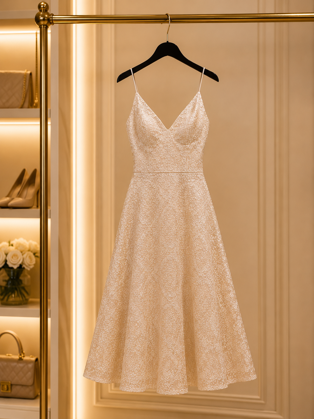 Elegant Heavy Sequin Midi Dress – Champagne Size S