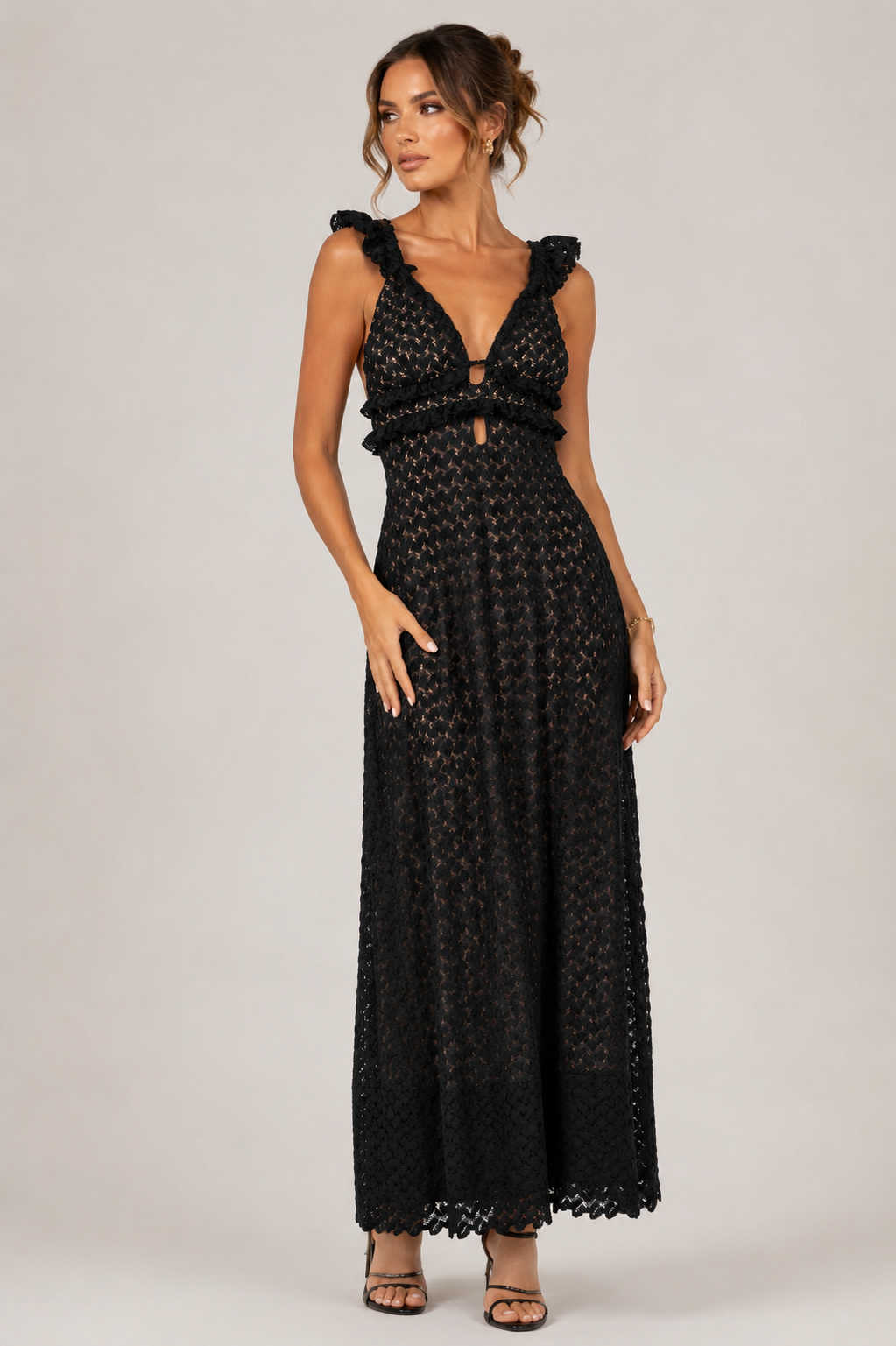 Elegant Black Lace Maxi Dress Size M