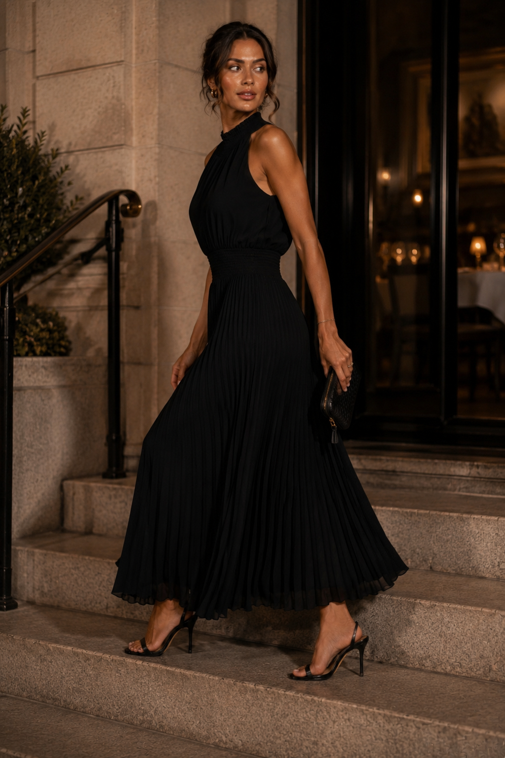 Elegant Black Pleated Maxi Dress Size S