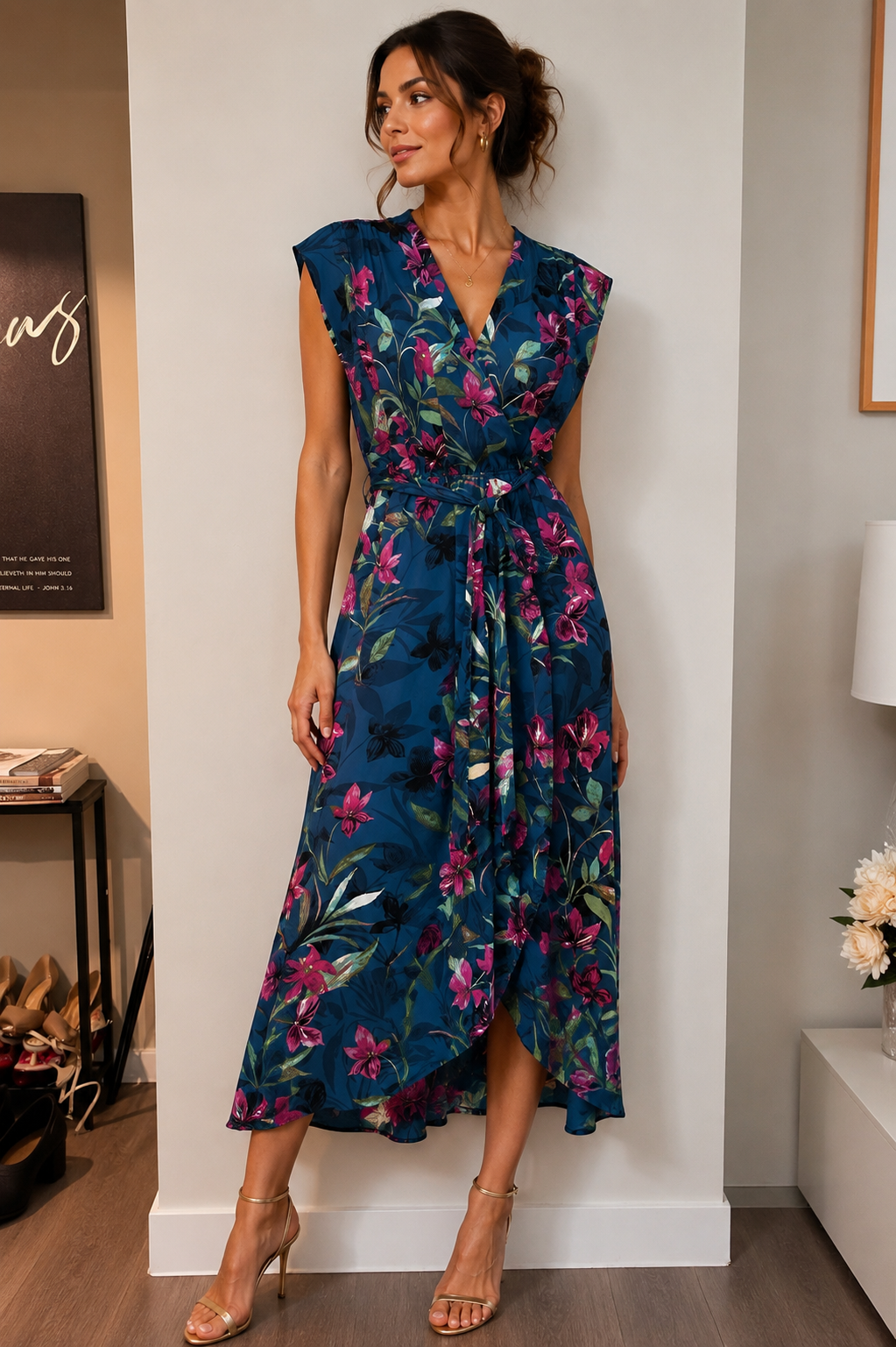 Elegant Floral Wrap Midi Dress M