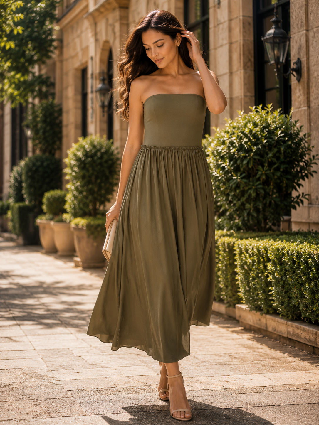 Olive green tube pleated maxi