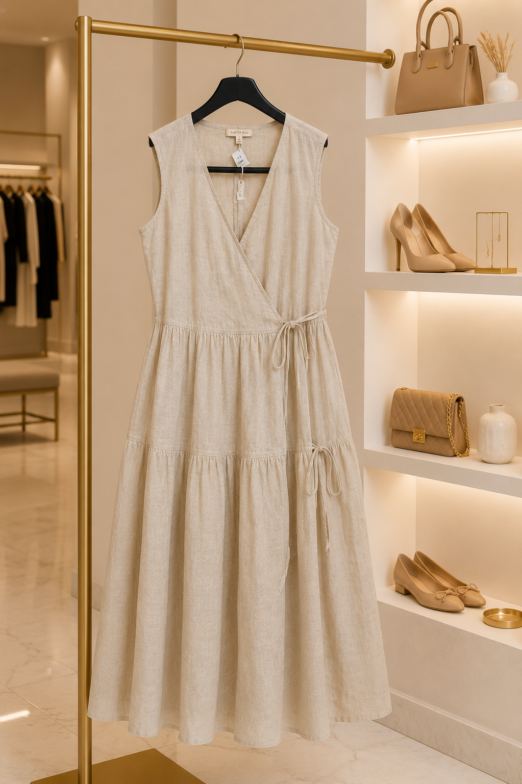 Beige Linen Wrap Midi Dress