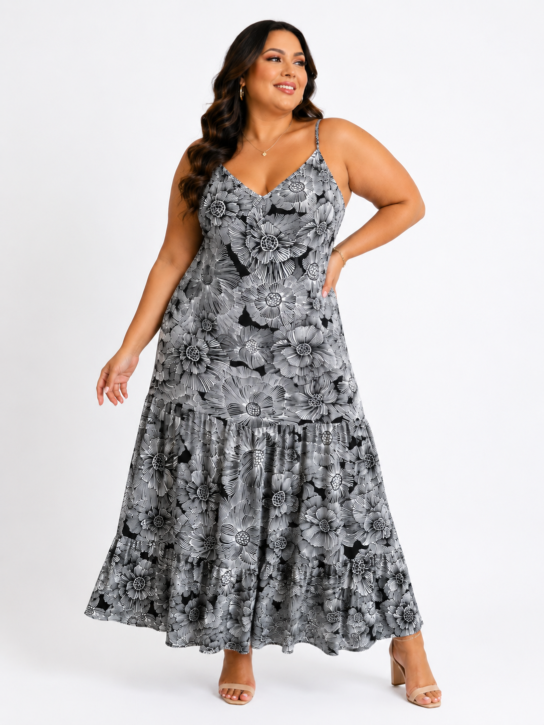 Elegant Black & Grey Floral Maxi Dress – Plus Size Size L