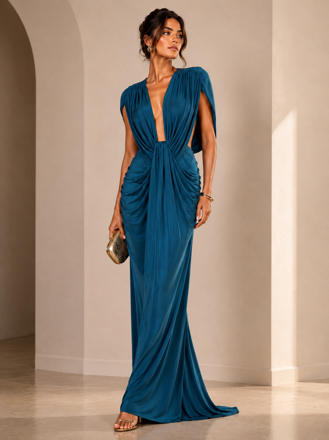 Elegant Teal Draped Evening Gown Size Uk 14