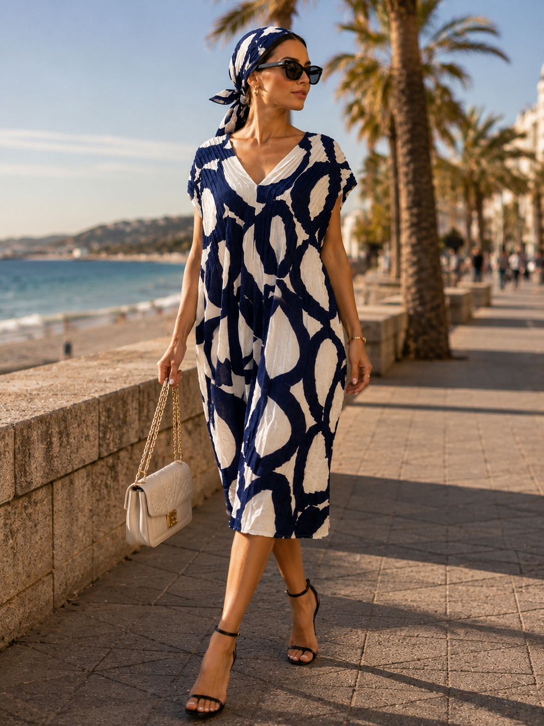Blue & White Printed Midi Dress – Size 2