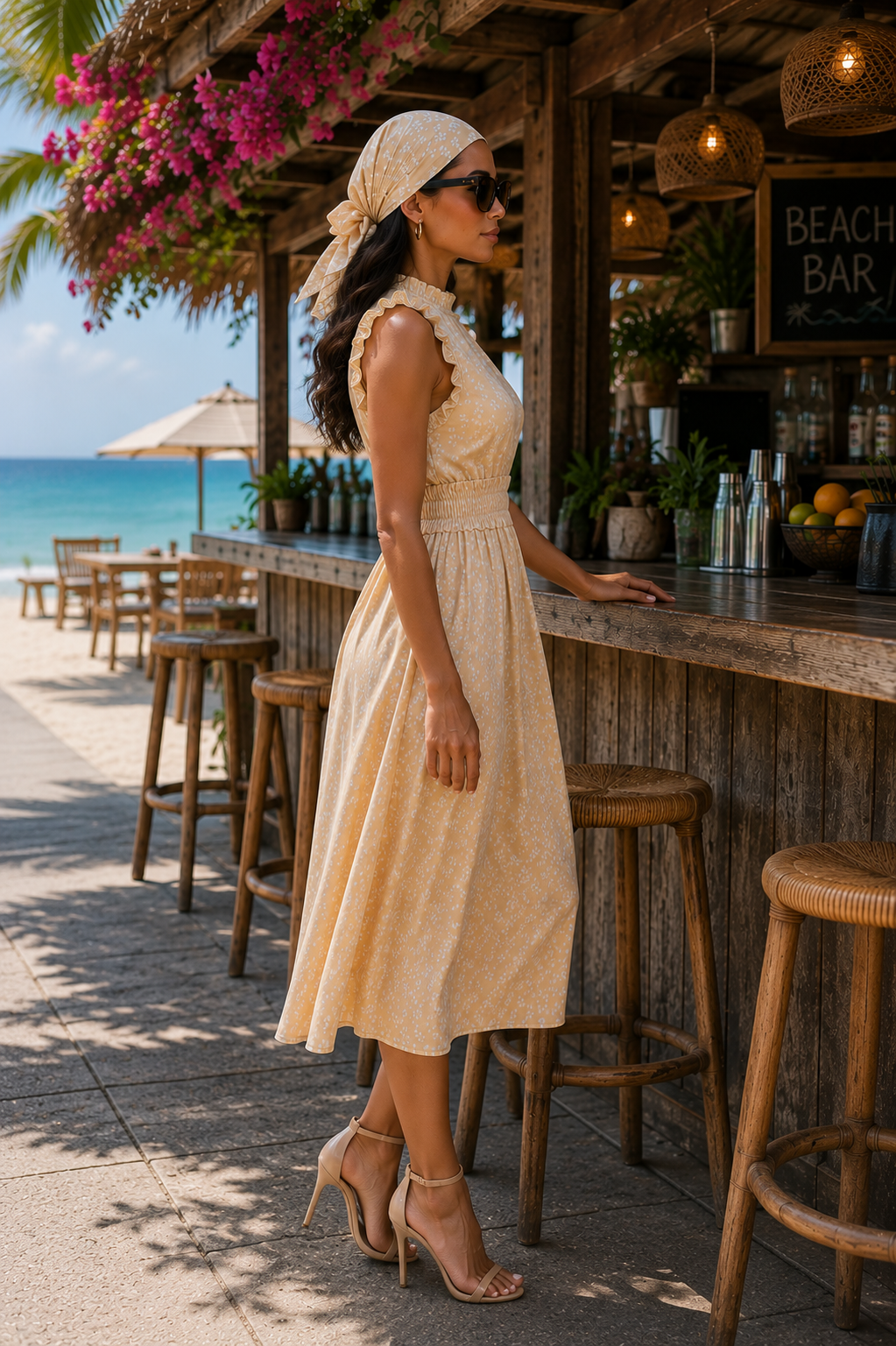 Elegant Beige Floral Midi Dress M
