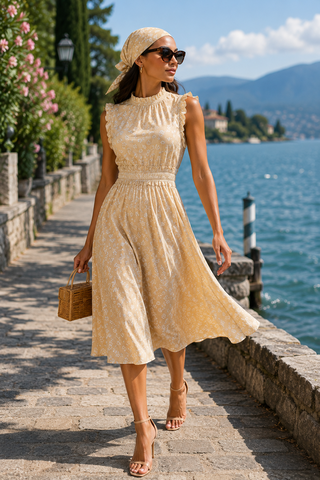 Elegant Beige Floral Midi Dress M