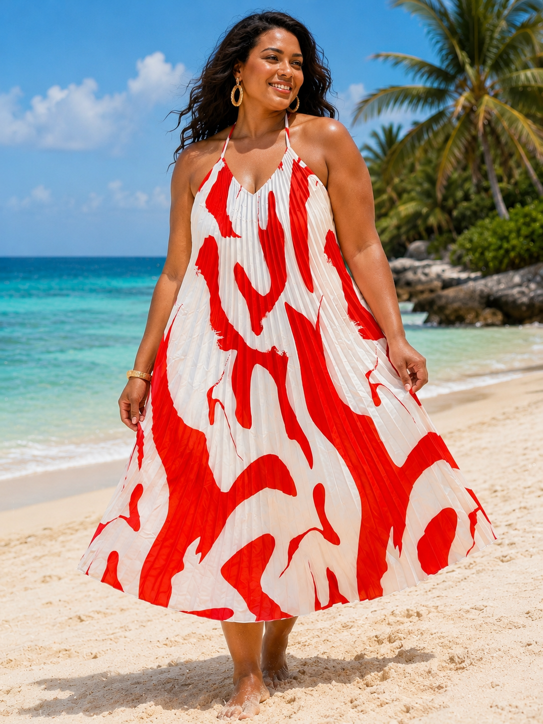 Pleated Halter Midi Dress – Red & White Size L