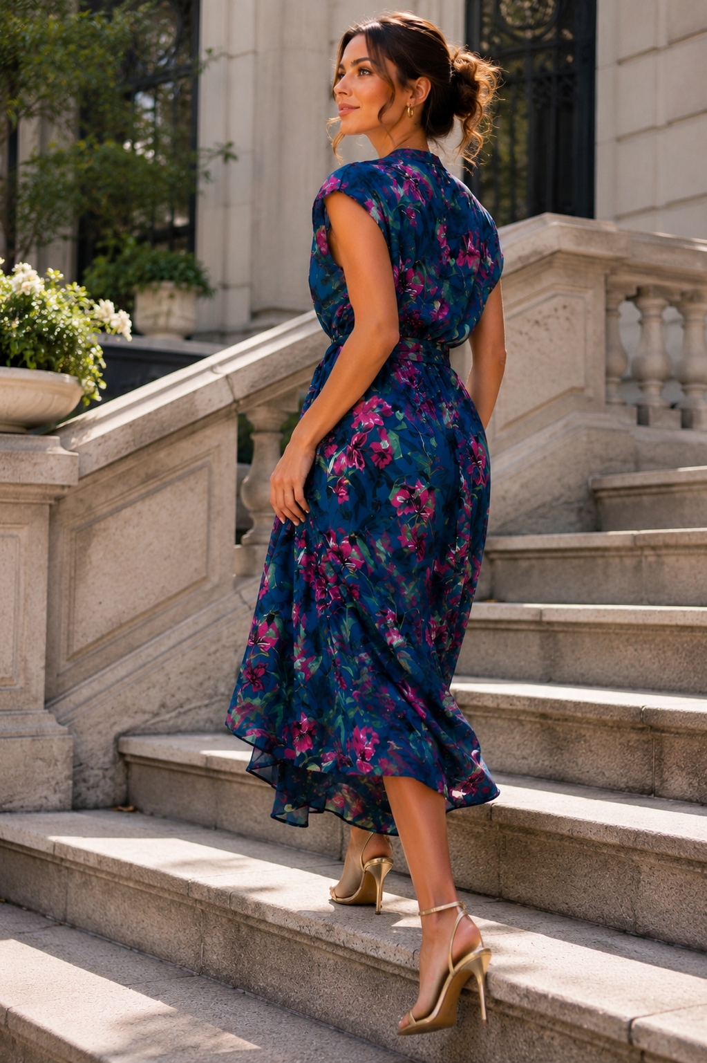Elegant Floral Wrap Midi Dress M