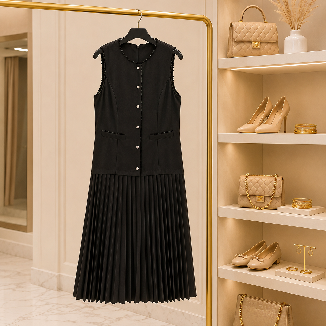 Black Pleated Midi Dress