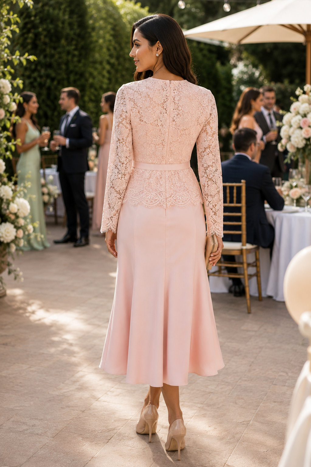 Elegant Blush Lace Midi Dress Size M
