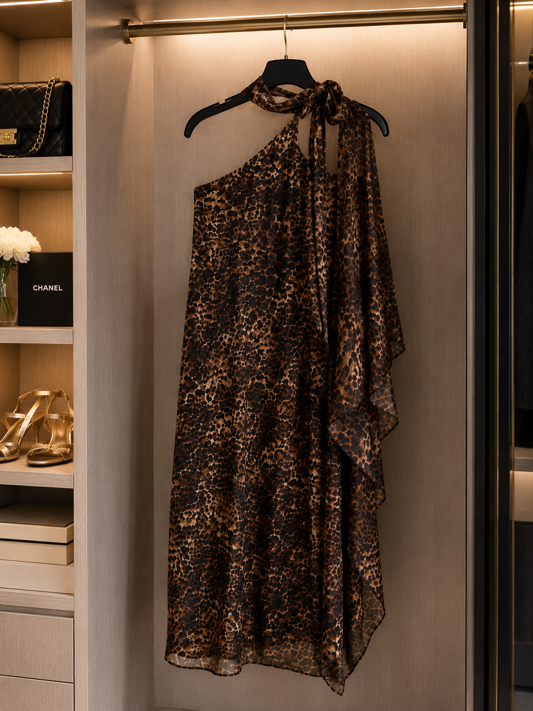 Elegant One-Shoulder Leopard Print Maxi Dress Size M