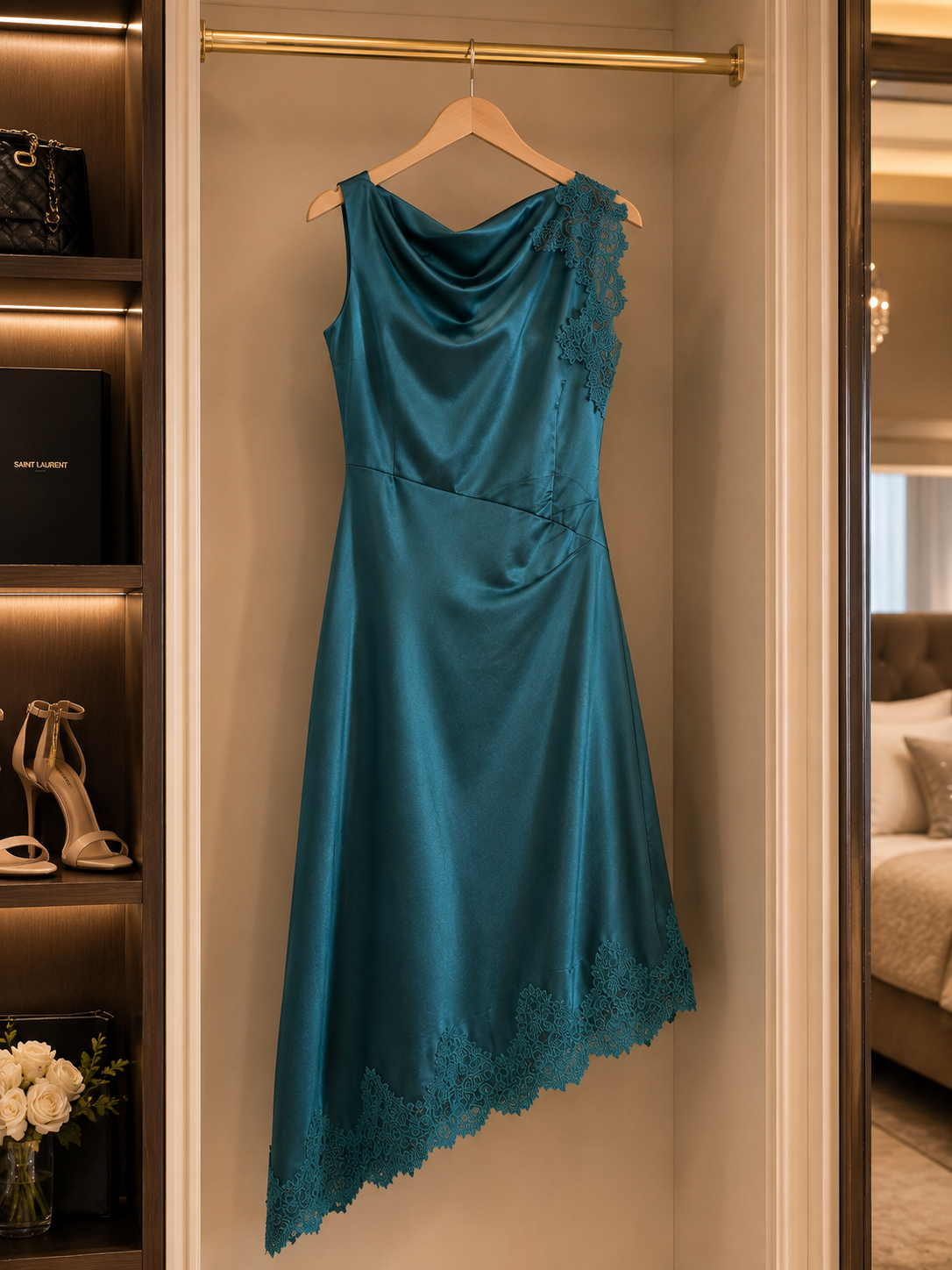 Elegant Teal Satin Asymmetrical Dress – Sophisticated Glamour Size 16