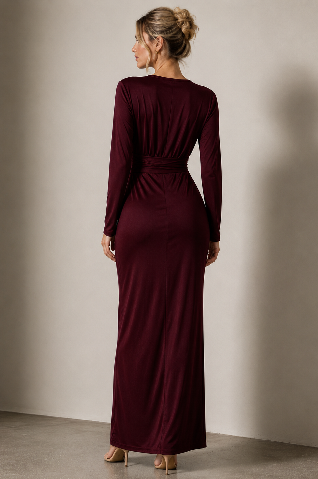 Elegant Burgundy Ruched Maxi Dress Size S