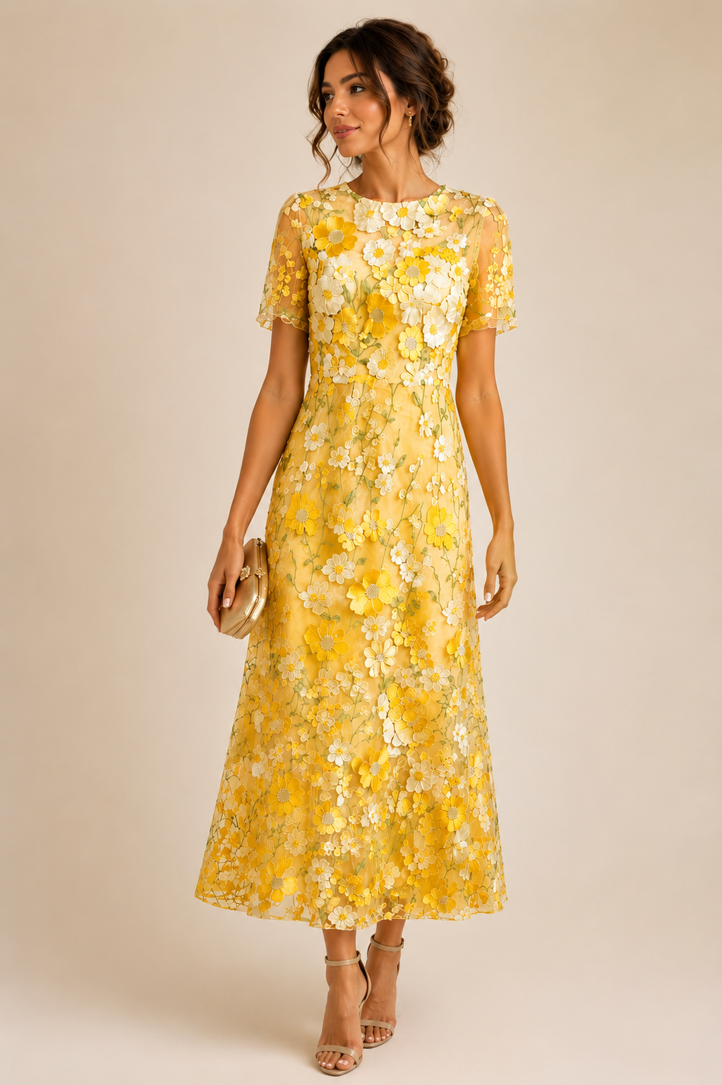 Elegant Floral Embroidered Midi Dress Size L