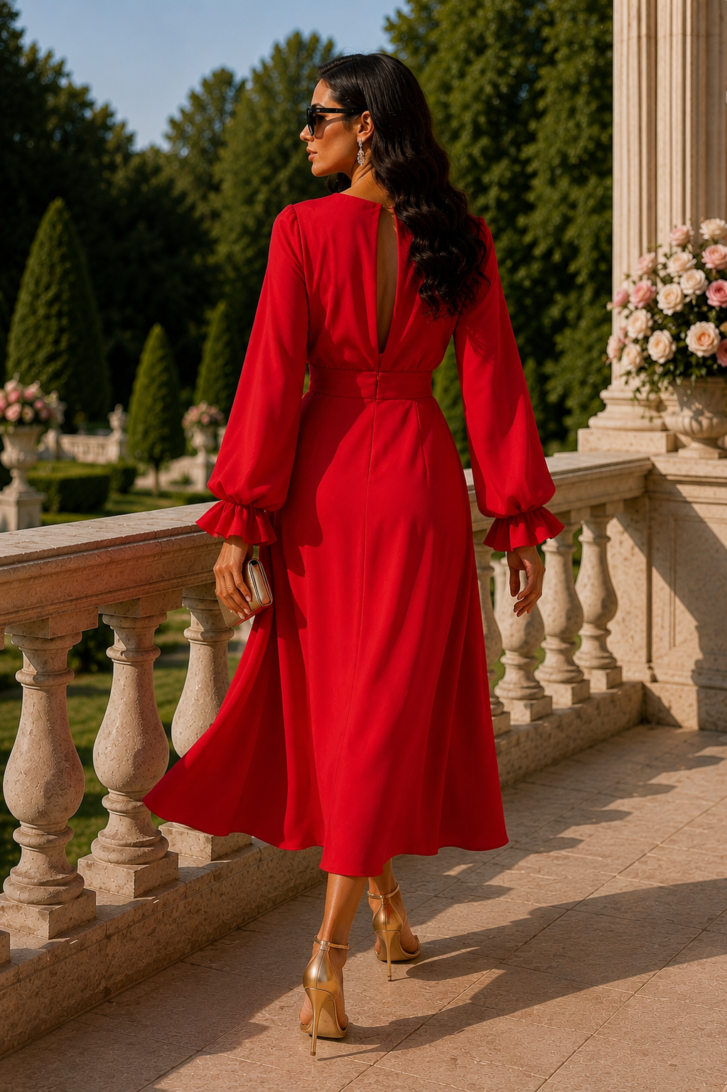 Elegant Red Long Sleeve Midi Dress size S