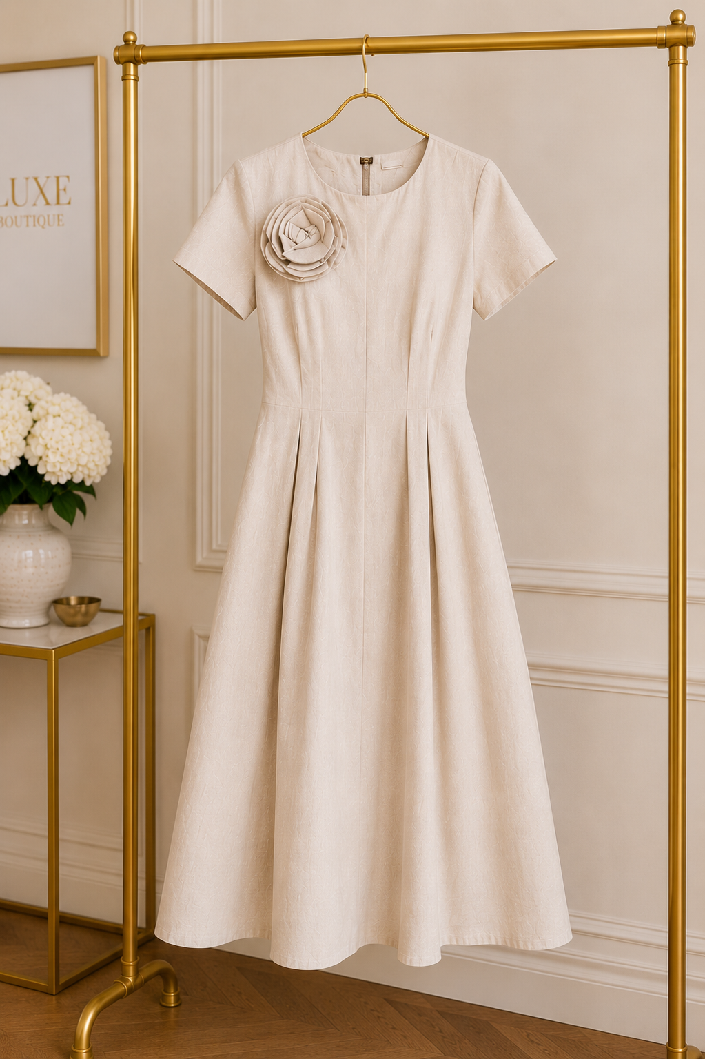 Elegant Cream A-Line Midi Dress Size L