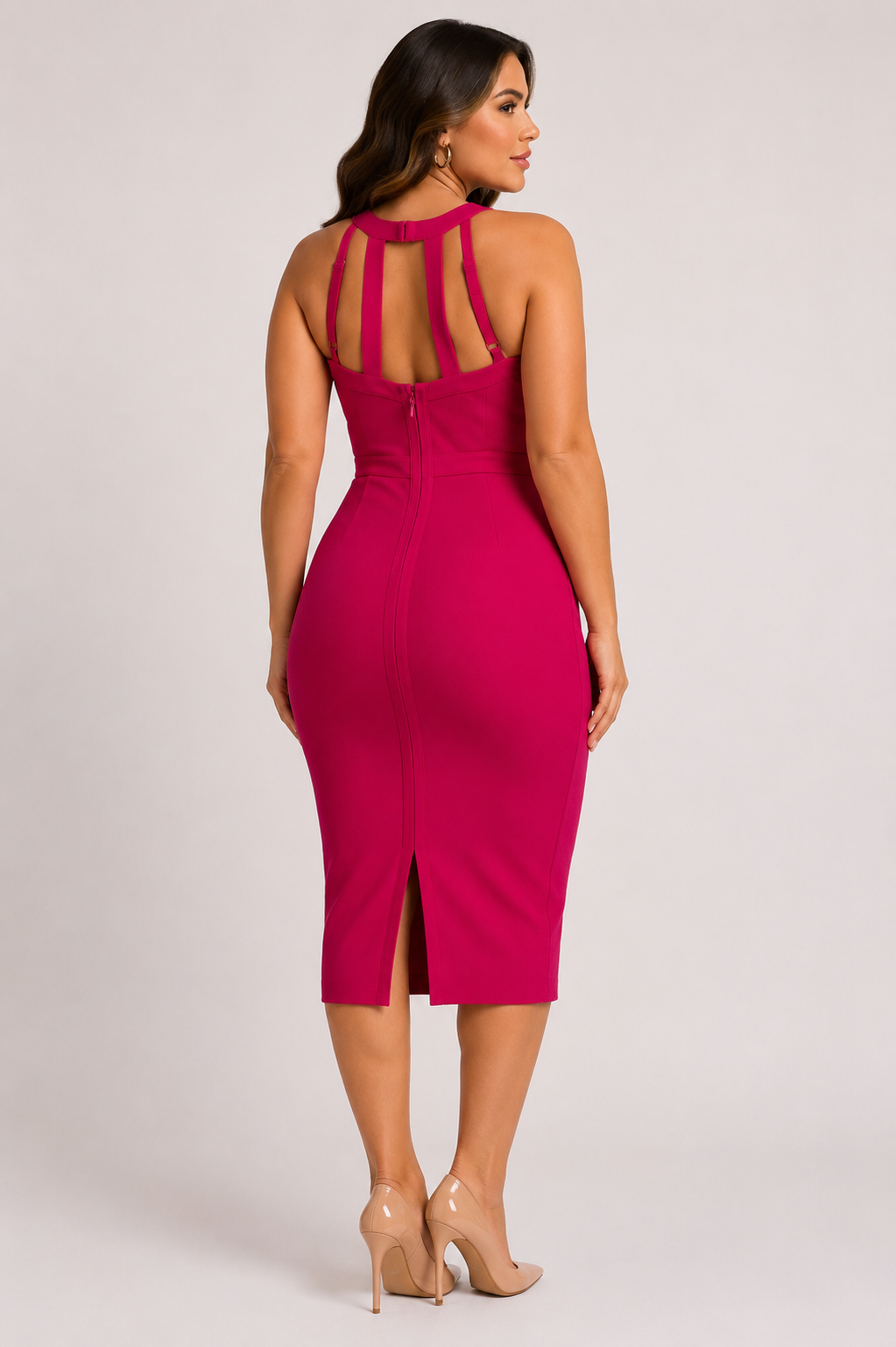 Elegant Fuchsia Bodycon Midi Dress Size S