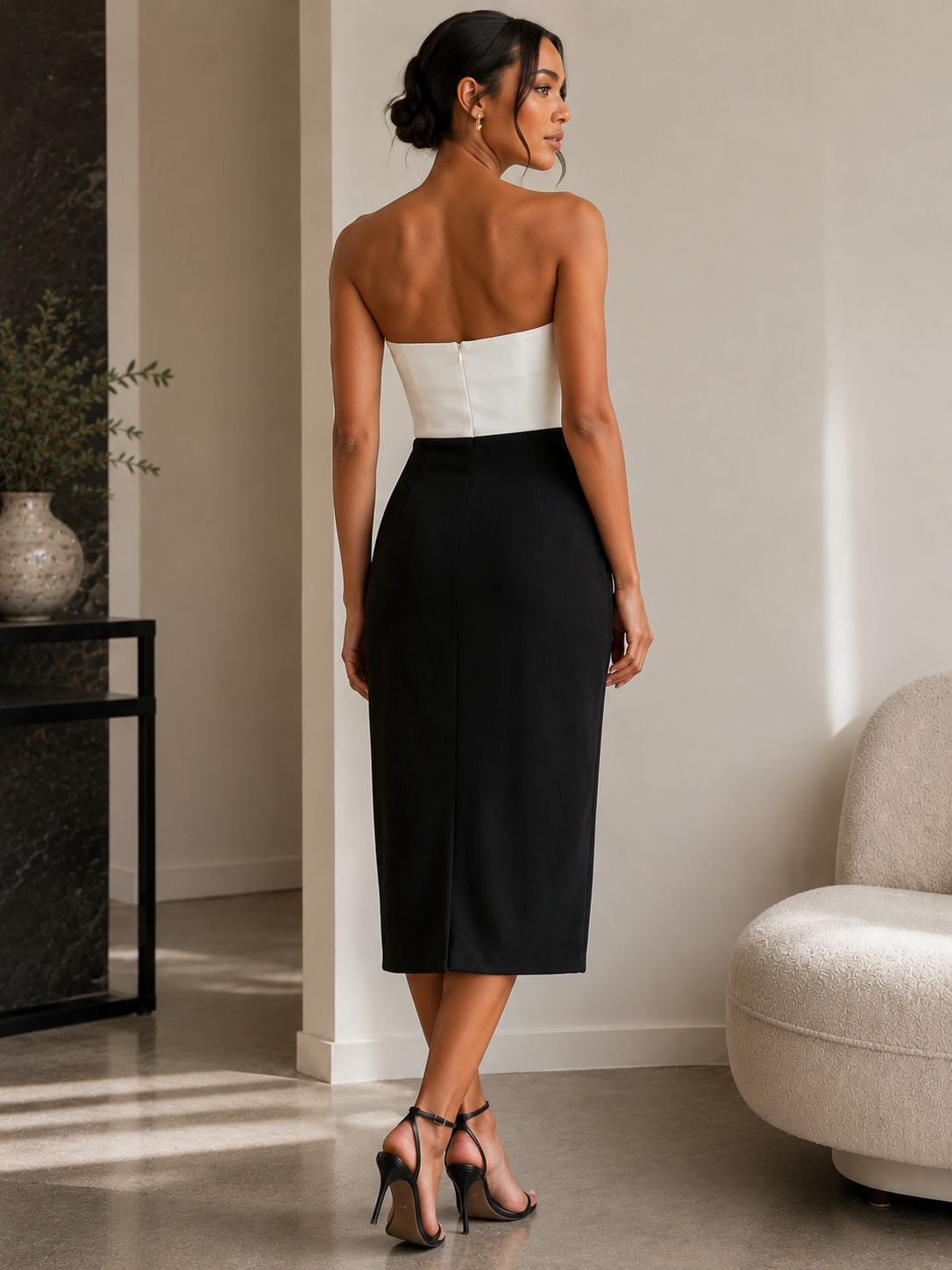 Elegant Strapless Two-Tone Midi Dress Size M