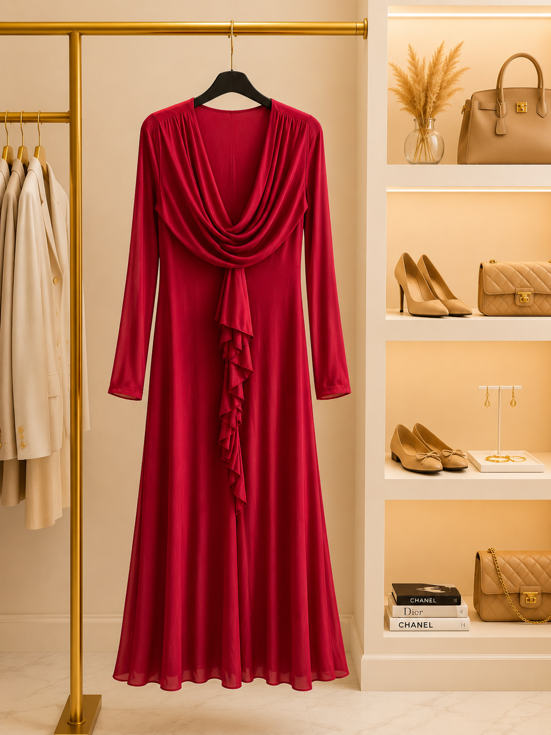 Red Draped Midi Dress