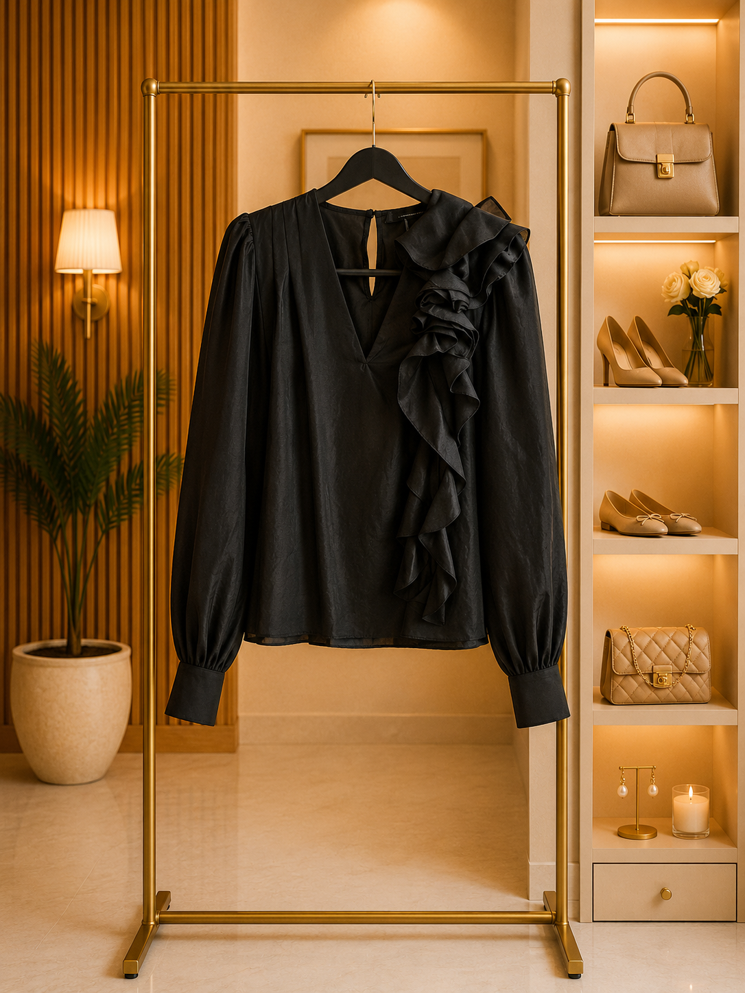 Black Satin Ruffle Blouse