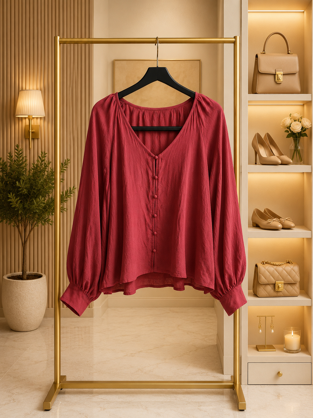 Red Button-Front Blouse