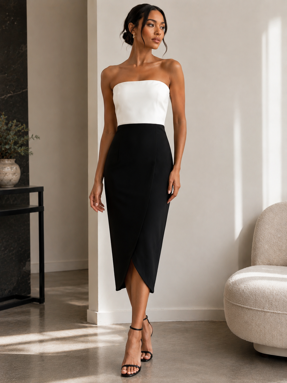 Elegant Strapless Two-Tone Midi Dress Size M