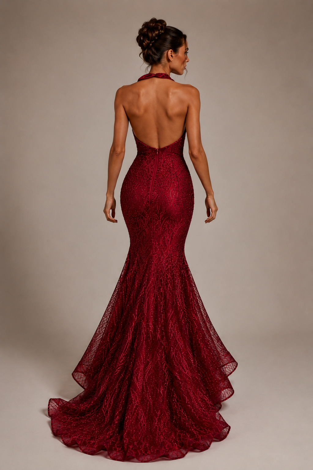 Luxury Burgundy Sequin Mermaid Evening Gown Size M