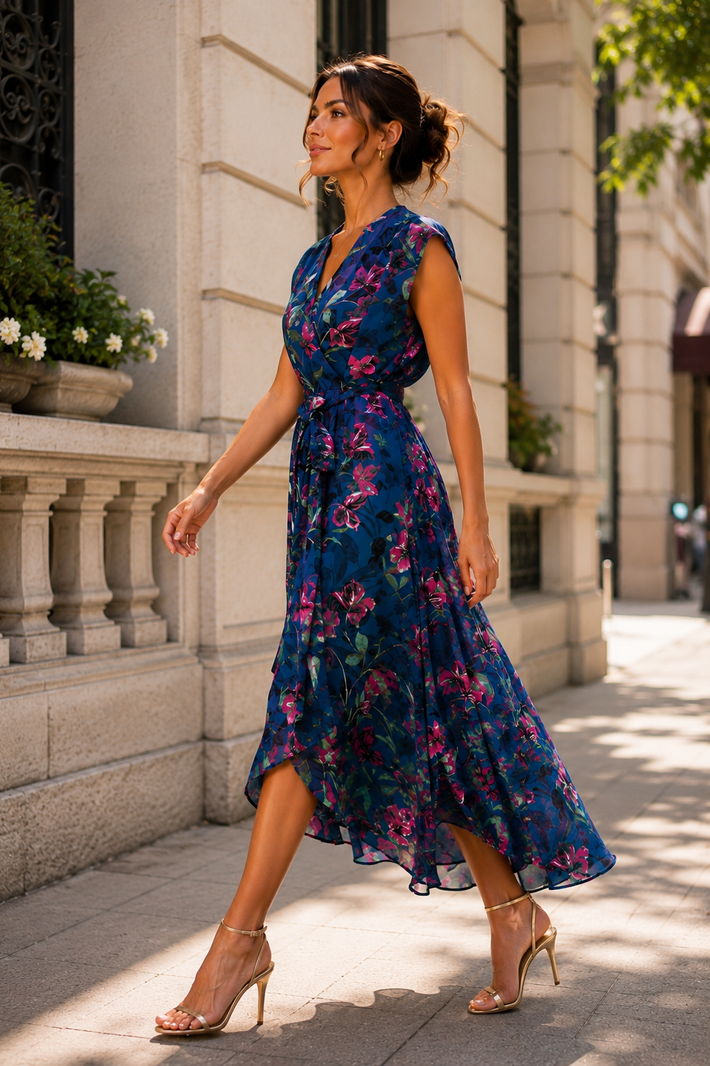 Elegant Floral Wrap Midi Dress M