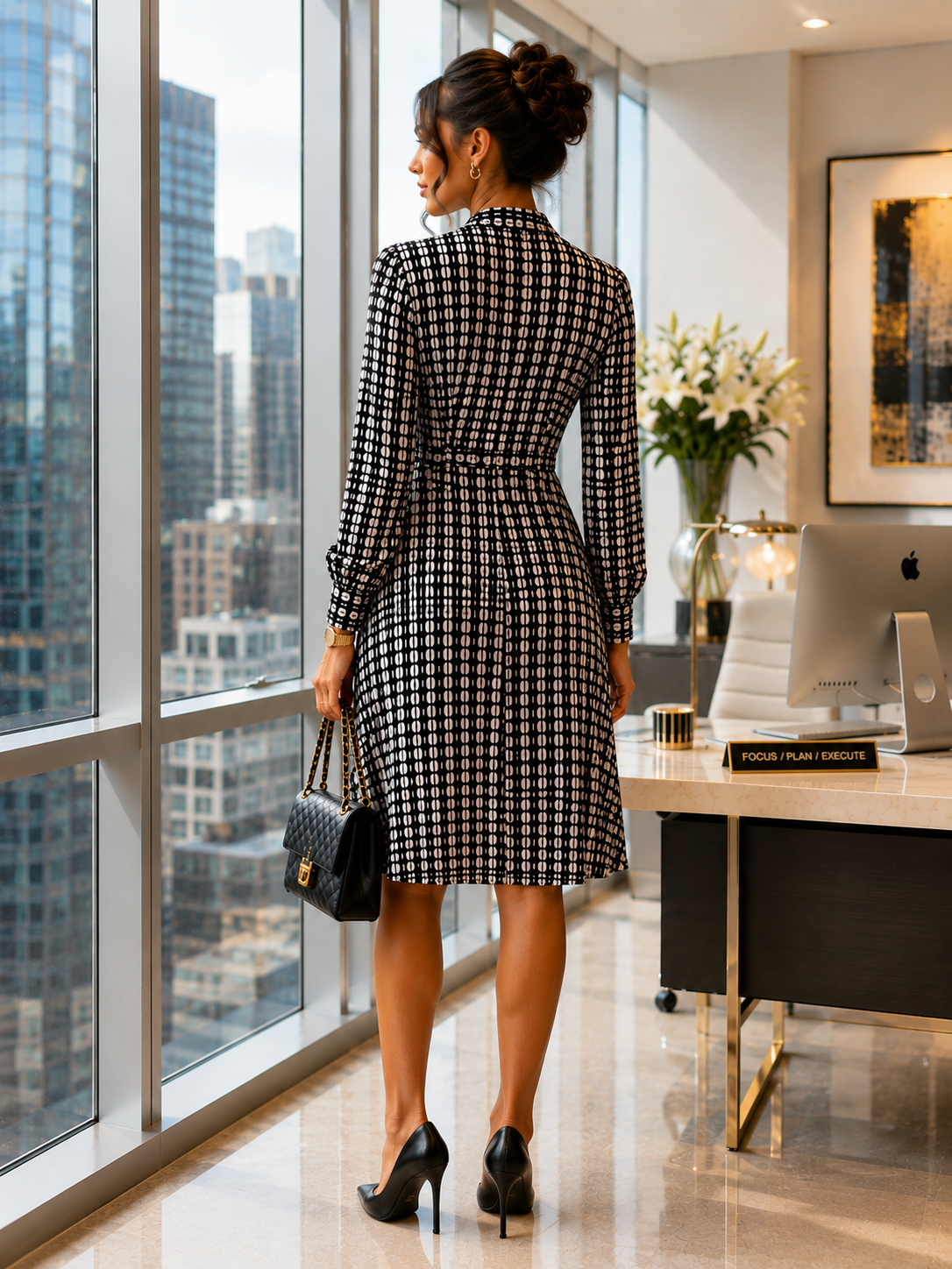 Elegant Monochrome Print Dress Size L