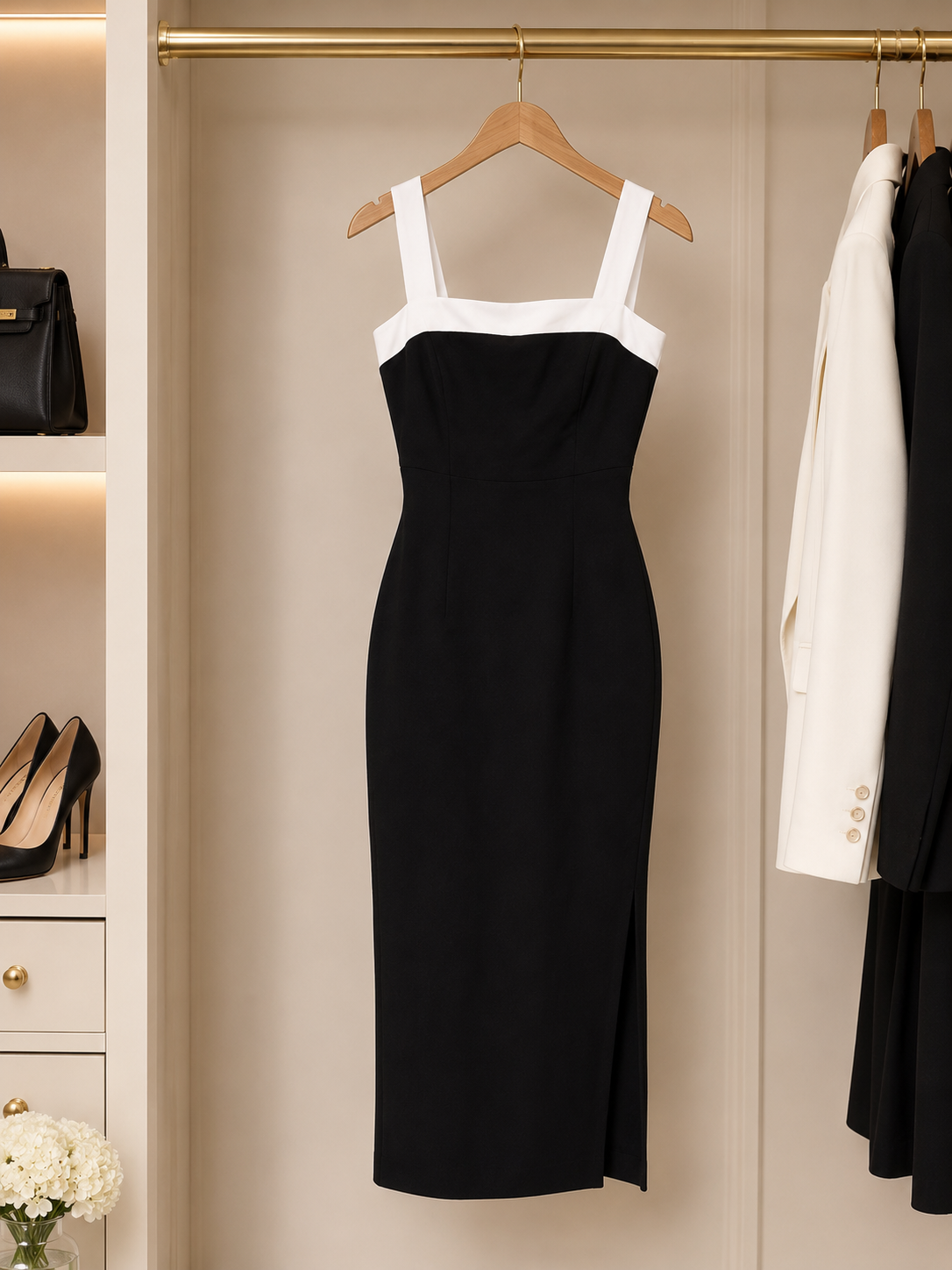 Elegant Black & White Midi Dress Size 10
