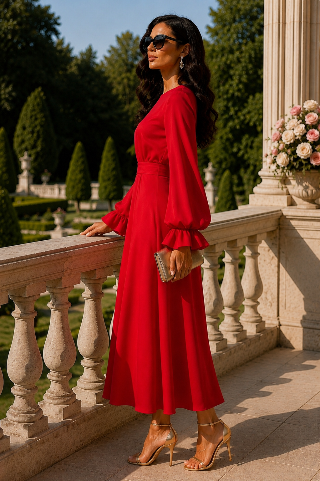 Elegant Red Long Sleeve Midi Dress size S